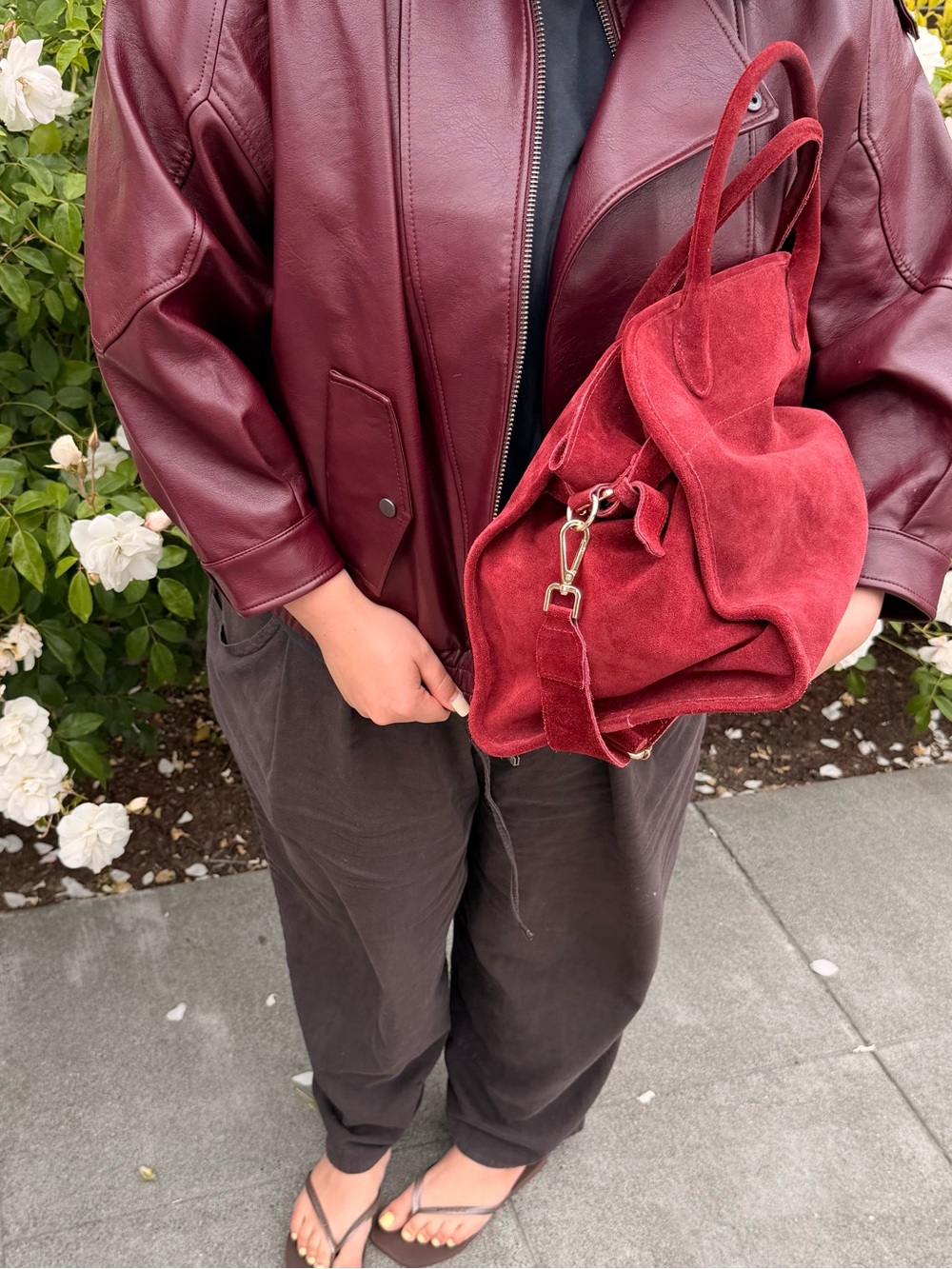 Elegant Burgundy Suede Tote Bag - Women Bags